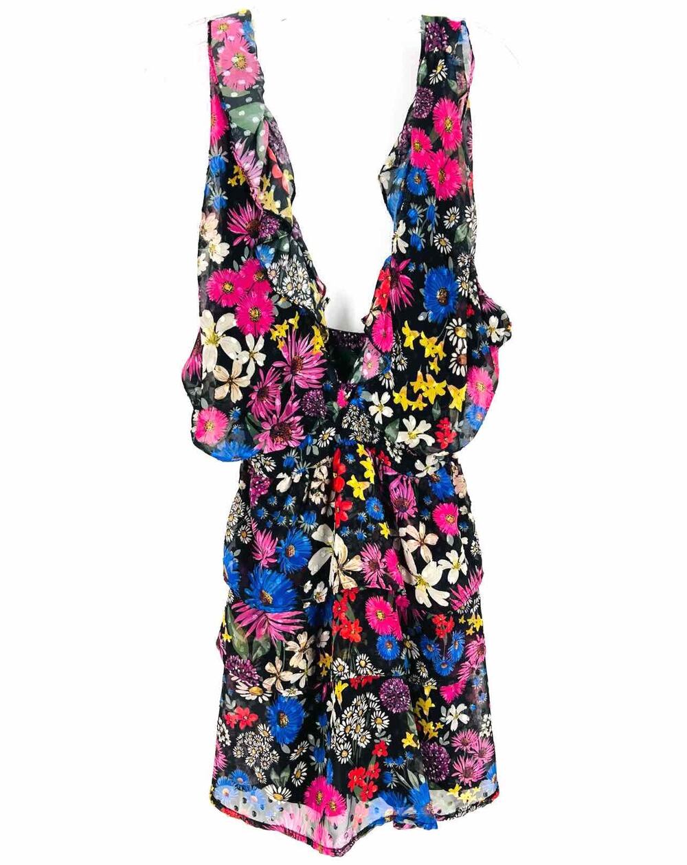 Slate & Willow Size S Black/Multi Floral Ruffle Designer Dress